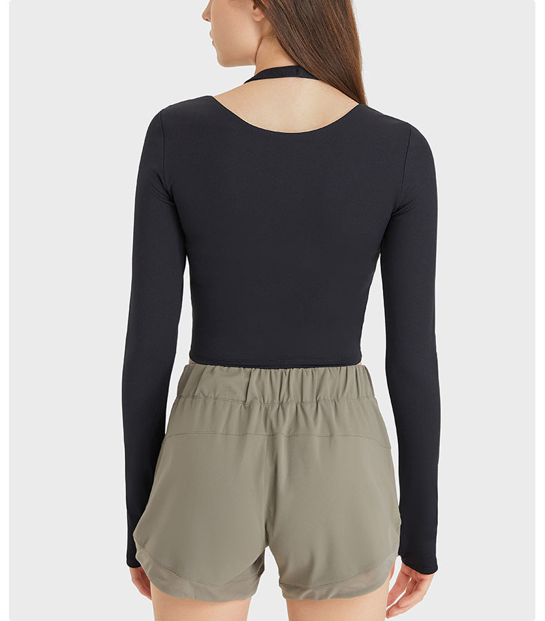 Halterneck Long Sleeved Women Slim Slimming Brushed Nude Feel Fitness Yoga Wear