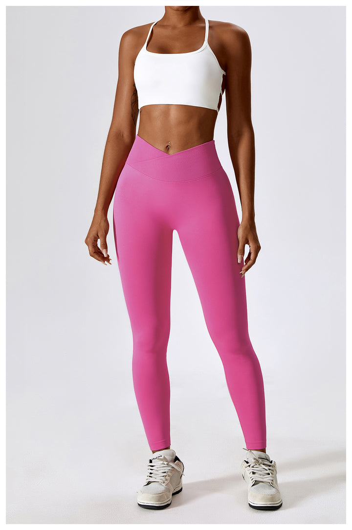Sollinarry Peach Hip Raise Seamless Yoga Pants Cross High Waist Tights Running Exercise Workout Pants