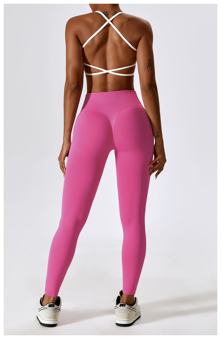 Sollinarry Peach Hip Raise Seamless Yoga Pants Cross High Waist Tights Running Exercise Workout Pants