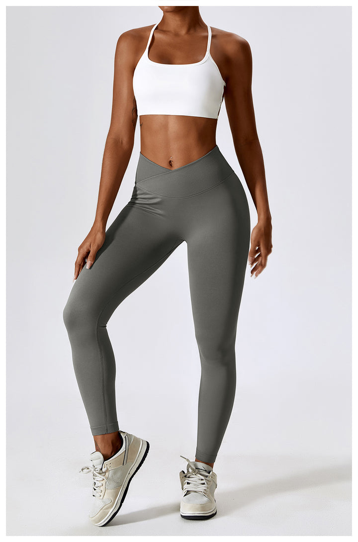 Sollinarry Peach Hip Raise Seamless Yoga Pants Cross High Waist Tights Running Exercise Workout Pants