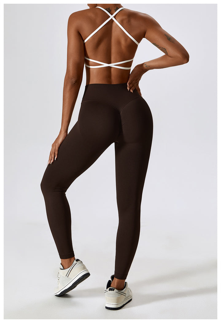 Sollinarry Peach Hip Raise Seamless Yoga Pants Cross High Waist Tights Running Exercise Workout Pants