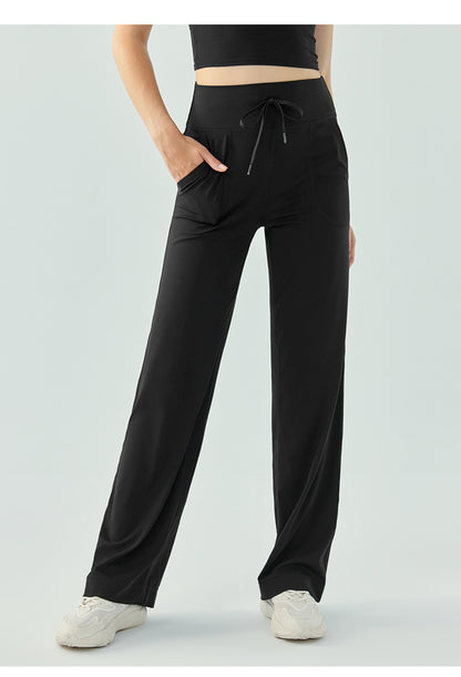 Large Pocket Quick Drying Track Pants Loose High Elastic Drawstring Wide Leg Yoga Pants Drooping Straight Spring Autumn Breathable Casual Pants