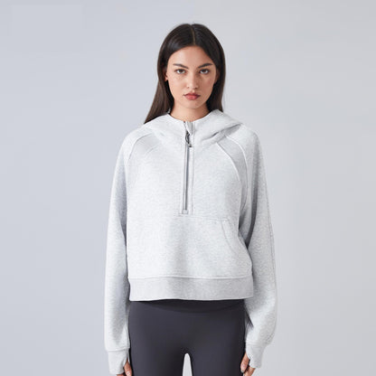 Autumn Winter Fleece lined Warm Yoga Clothes Half Zipper Hooded Sweater Outdoor Fitness Loose Sports Top Women