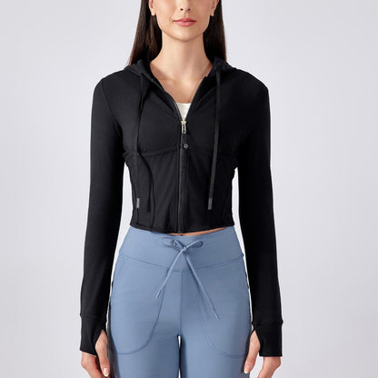 Outdoor Sports Workout Clothes Women Short Slim Fit Thin Yoga Wear Jacket Hooded Drawstring Coat