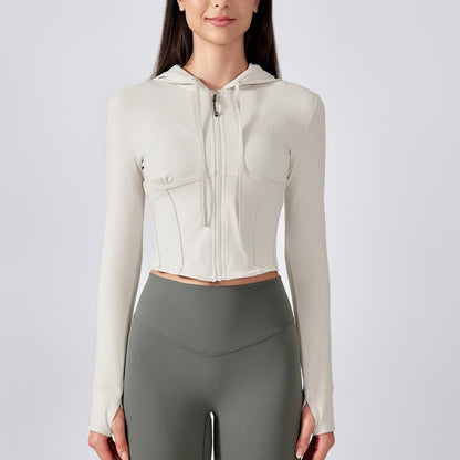 Outdoor Sports Workout Clothes Women Short Slim Fit Thin Yoga Wear Jacket Hooded Drawstring Coat