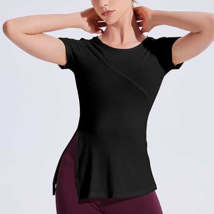 Slim Fit Hood Side Slit Sports Top Women Skinny Yoga Clothes Fitness Short Sleeve Casual Running T shirt