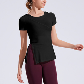 Slim Fit Hood Side Slit Sports Top Women Skinny Yoga Clothes Fitness Short Sleeve Casual Running T shirt