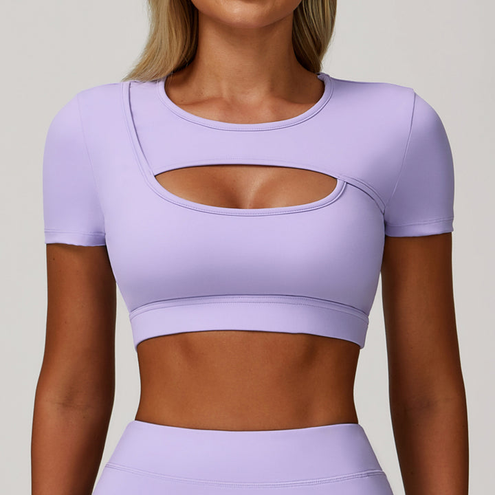 Sollinarry Summer Yoga Short Sleeve Hollow Out Cutout out Tight Shockproof Nude Feel Sports T shirt Running Fitness Sports Top