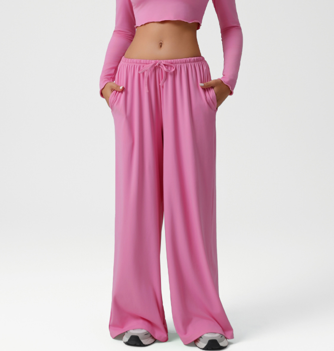 Autumn Winter Wide Leg Women Sports Pants Loose Low Waist Fitness Pants Drawstring Elastic Casual Yoga Pant Belt Pocket