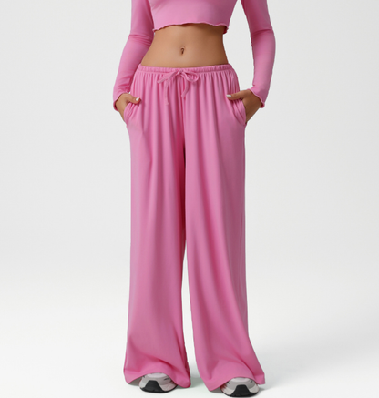 Autumn Winter Wide Leg Women Sports Pants Loose Low Waist Fitness Pants Drawstring Elastic Casual Yoga Pant Belt Pocket