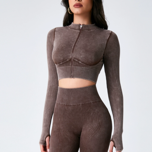 Seamless Threaded Cardigan Yoga Clothing Top Long Sleeve Thumb Hole Short Slim Jacket