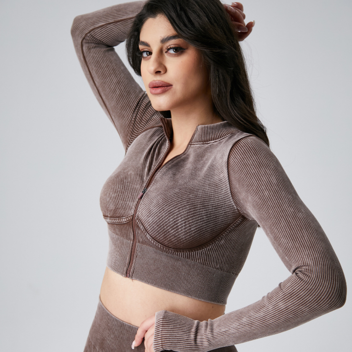 Seamless Threaded Cardigan Yoga Clothing Top Long Sleeve Thumb Hole Short Slim Jacket