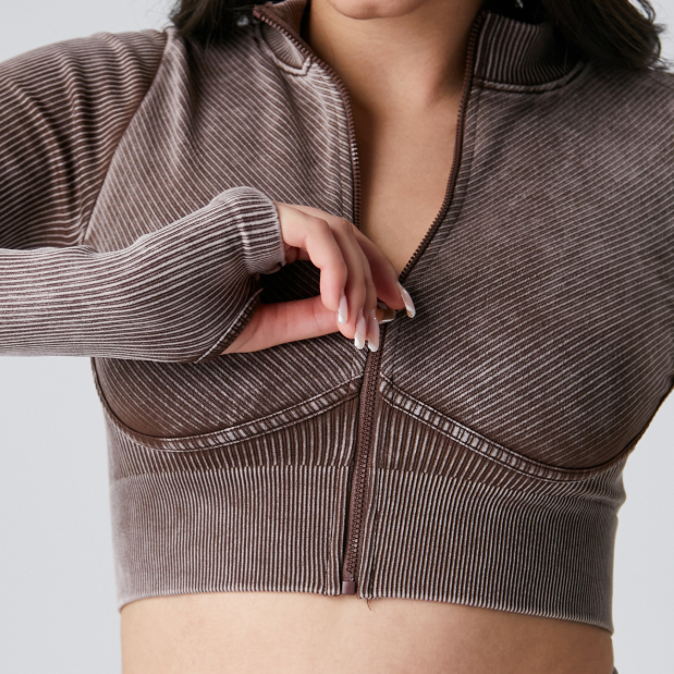 Seamless Threaded Cardigan Yoga Clothing Top Long Sleeve Thumb Hole Short Slim Jacket