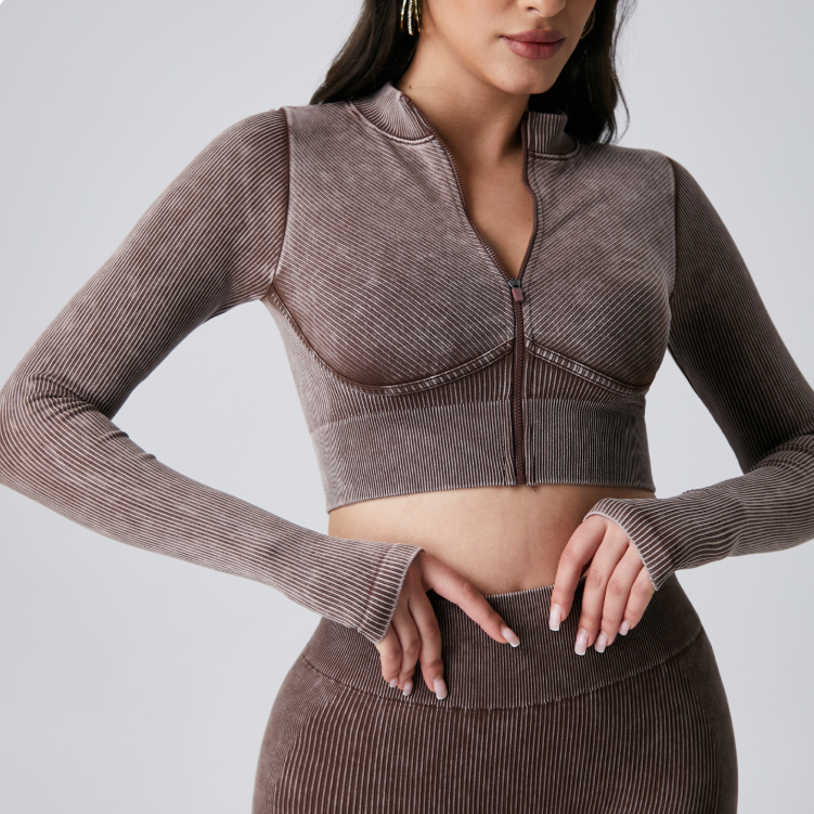 Seamless Threaded Cardigan Yoga Clothing Top Long Sleeve Thumb Hole Short Slim Jacket