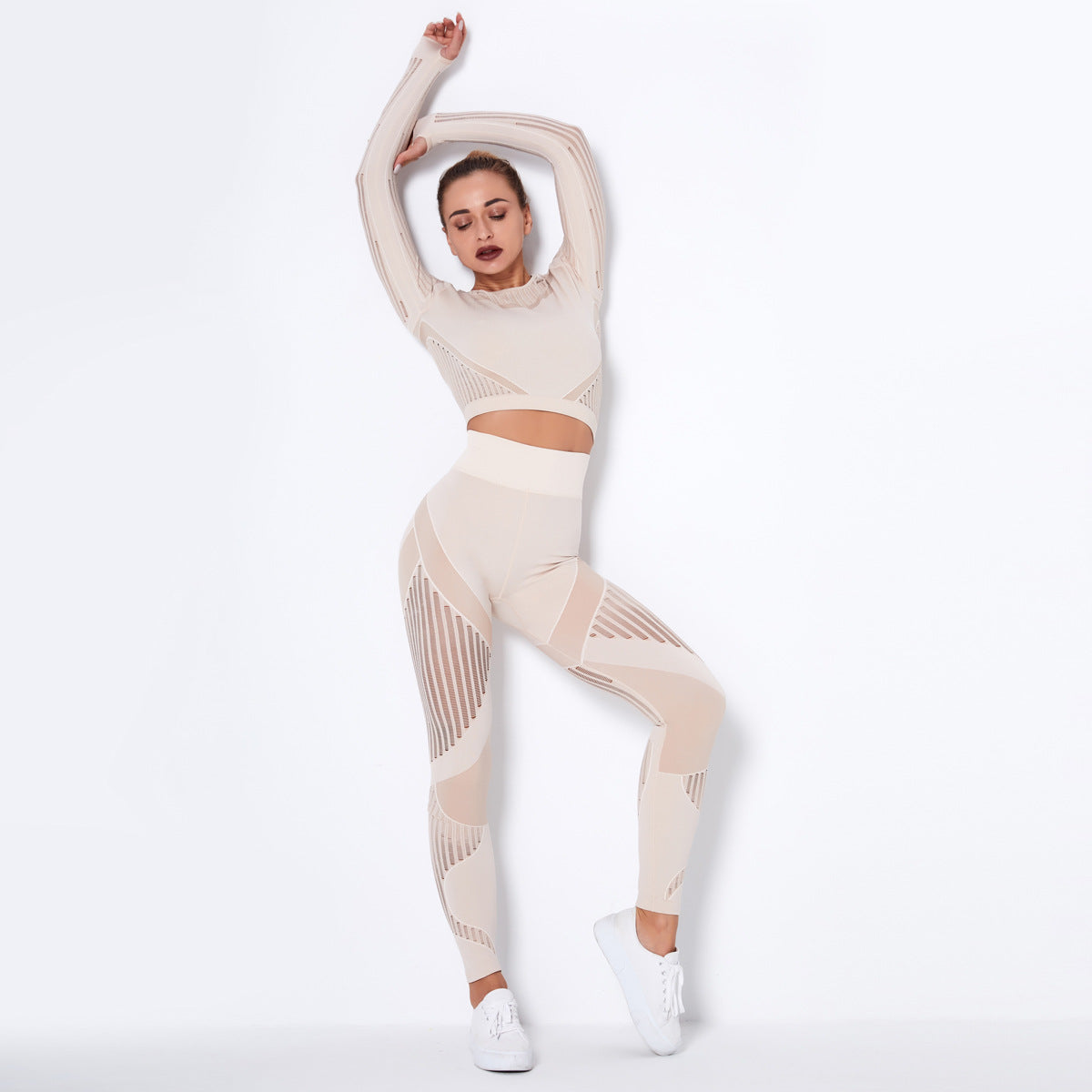 New Seamless Net Hole Quick Drying Sports Yoga Long Sleeve Striped Fitness Trousers Yoga Suit