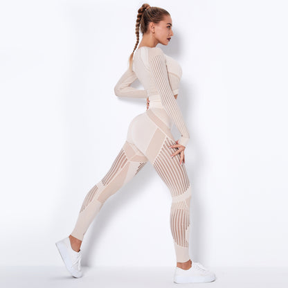 New Seamless Net Hole Quick Drying Sports Yoga Long Sleeve Striped Fitness Trousers Yoga Suit