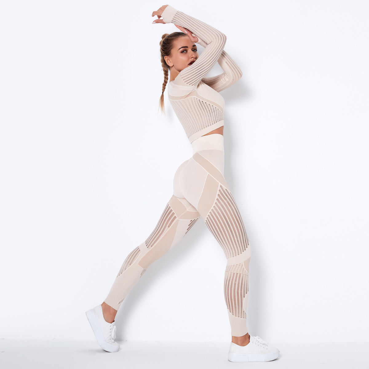New Seamless Net Hole Quick Drying Sports Yoga Long Sleeve Striped Fitness Trousers Yoga Suit
