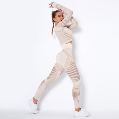 New Seamless Net Hole Quick Drying Sports Yoga Long Sleeve Striped Fitness Trousers Yoga Suit