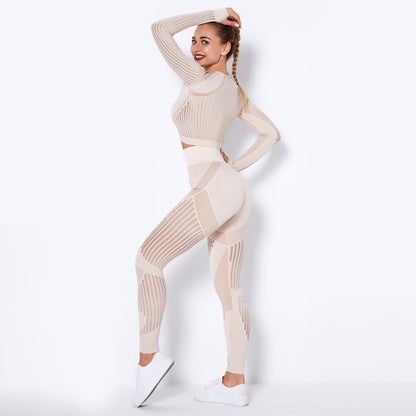 New Seamless Net Hole Quick Drying Sports Yoga Long Sleeve Striped Fitness Trousers Yoga Suit