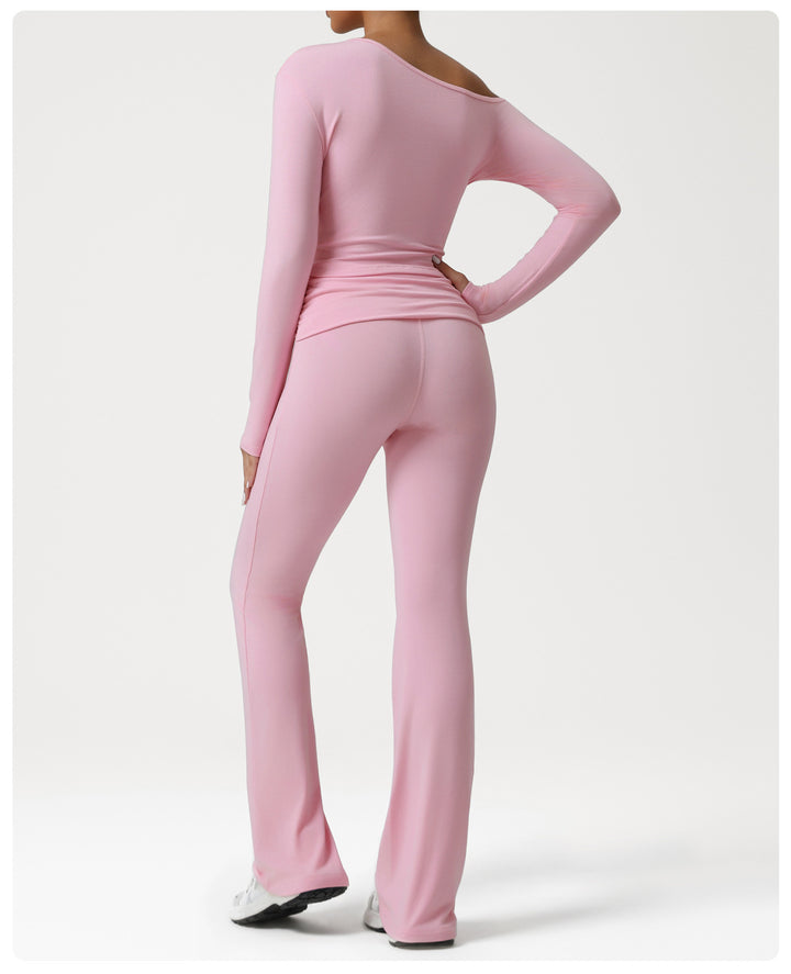Autumn Oblique Shoulder Yoga Clothes Long Sleeved Top Women Cross High Waist Ruched Fitness Bootleg Pants Sports Set