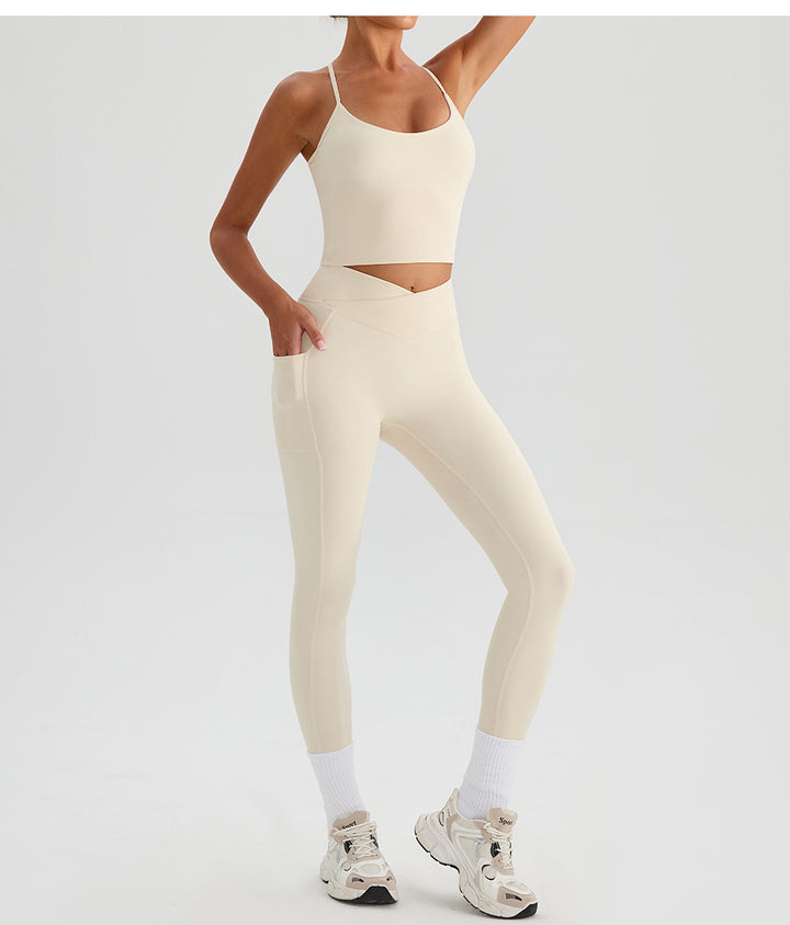 Summer High Waist Cross Yoga Trousers Nude Feel Quick Drying Fitness Outer Pocket Running Body Shaping Sports Trousers