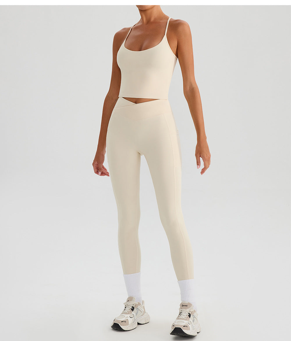 Summer High Waist Cross Yoga Trousers Nude Feel Quick Drying Fitness Outer Pocket Running Body Shaping Sports Trousers