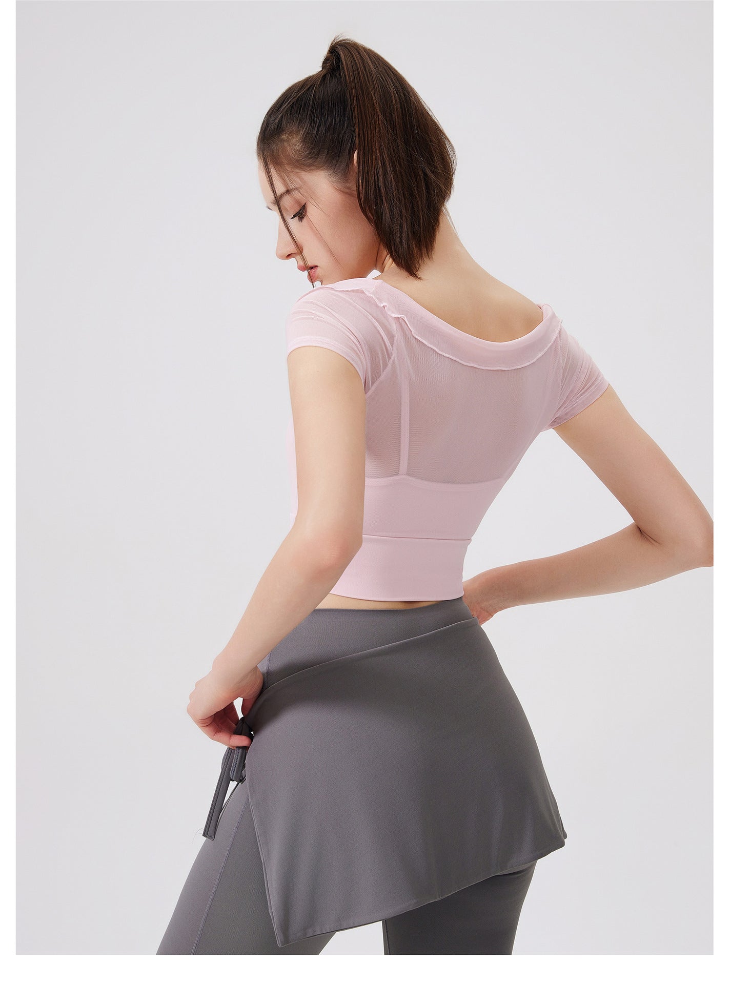 Sexy Lace Mesh Yoga Clothes Short Sleeve Running Quick Drying Sports Bra with Chest Pad One Piece Cup Workout Clothes