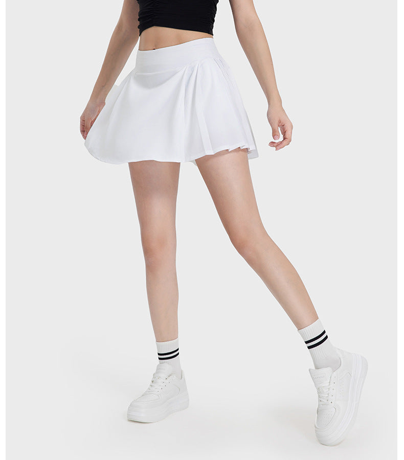 Pleated Slim Fit Yoga Short Culottes Women Faux Two Piece Anti-Exposure Water Cooling Exercise Skirt