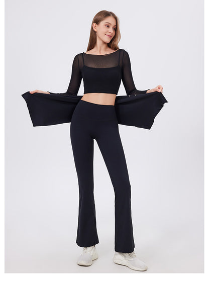 Two Piece Set High Waist Pleated Hip Lifting Nude Feel Yoga Pants Fart Curtain Outer Wear Running Workout Pants Breathable Fitness Bell Bottom Pants