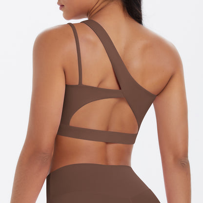 Solid Color One Shoulder Beauty Back Yoga Bra Nude Feel Push up Sports Bra Irregular Asymmetric Shoulder Strap Sports Vest for Women