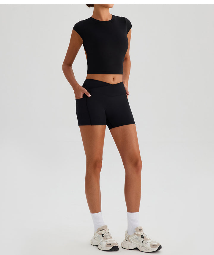 Nude Feel Sports T shirt Removable Fixed Chest Pad Yoga Short Sleeve Sexy Backless Skinny Fitness Vest