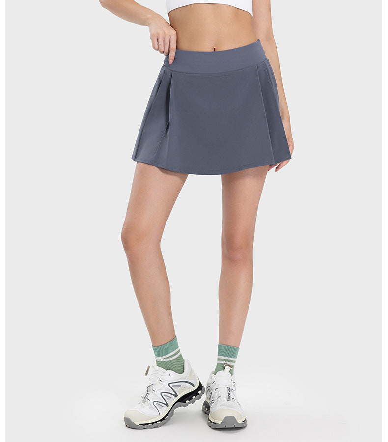 Pleated Slim Fit Yoga Short Culottes Women Faux Two Piece Anti-Exposure Water Cooling Exercise Skirt