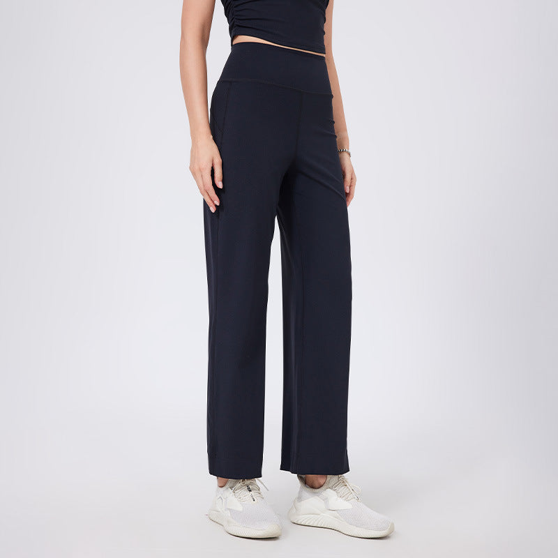 High Waist Belly Contracting Sports Loose Straight Leg Trousers Women Quick Drying Running Thin Fitness Pant Belt Pocket Nude Feel Yoga Pants
