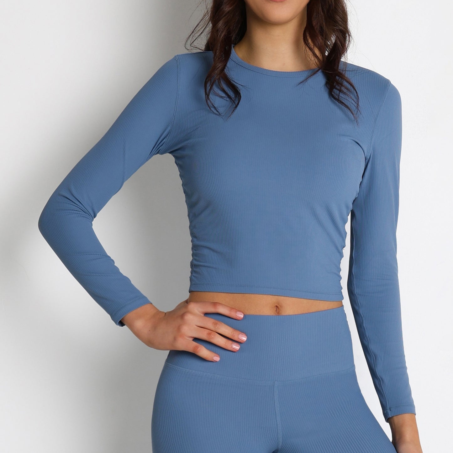 Fitness Wear Wang Fried Pleated Long Sleeved T shirt Short Cropped Outfit Flattering Yoga Running Hidden Embarrassing Line