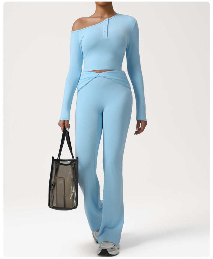 Autumn Oblique Shoulder Yoga Clothes Long Sleeved Top Women Cross High Waist Ruched Fitness Bootleg Pants Sports Set