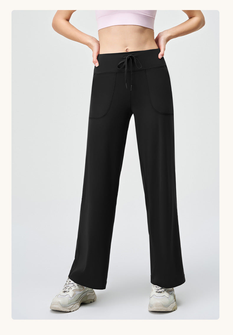 Spring Summer Micro Pull Yoga Pants Women High Waist Belly Contracting Outer Wear Hip Lifting Shaping Side Pocket Draping Wide Leg Pants