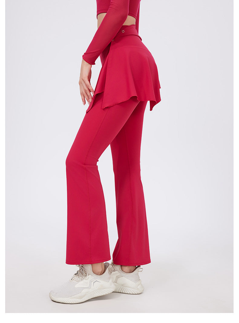 Two Piece Set High Waist Pleated Hip Lifting Nude Feel Yoga Pants Fart Curtain Outer Wear Running Workout Pants Breathable Fitness Bell Bottom Pants