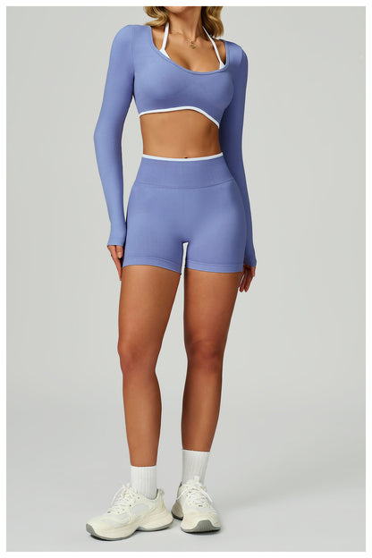 Yoga Long Sleeve Faux Two Piece Short Slim Fit Yoga T shirt Running Sports Workout Clothes