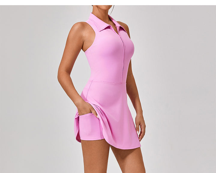 Spring Summer Skinny Slimming High Top Sports Dress Women Running Golf Tennis Workout Clothes Collared Suit