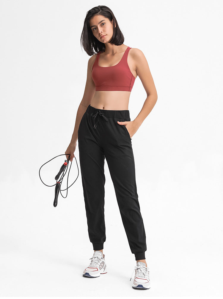 Spring Summer Elastic Lace-up Waist Yoga Pants Simple Straight Sports Casual Elastic Ankle-Tied Cropped Pants for Women