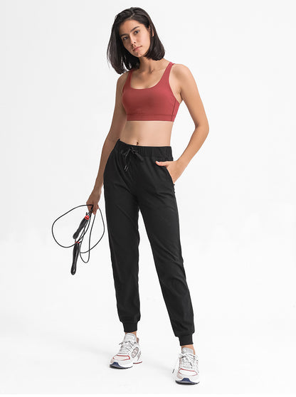 Spring Summer Elastic Lace-up Waist Yoga Pants Simple Straight Sports Casual Elastic Ankle-Tied Cropped Pants for Women