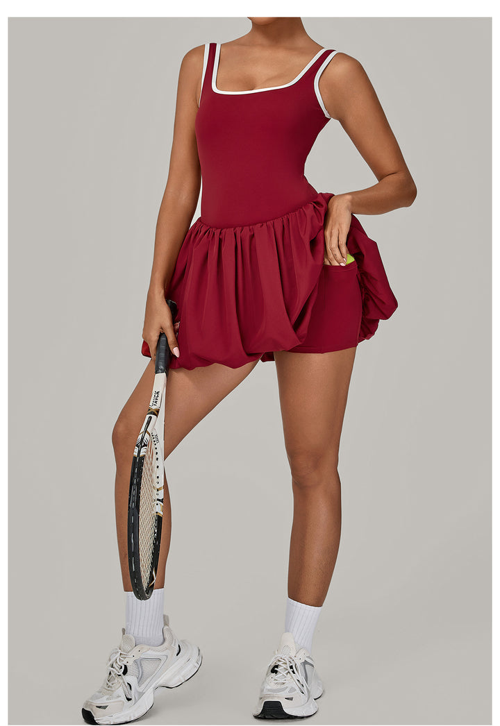 Contrast Color Nude Feel Faux Two Pieces Sports Dress Women Anti Exposure Bottoming Outdoor Running Fitness Tennis Dress