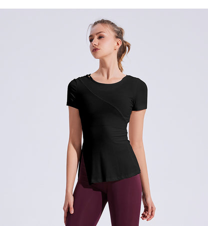 Slim Fit Hood Side Slit Sports Top Women Skinny Yoga Clothes Fitness Short Sleeve Casual Running T shirt