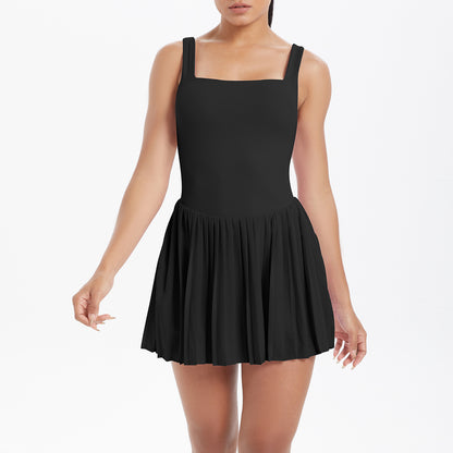 Nude Feel Faux Two Pieces Tennis Dress Anti Wardrobe Malfunction Base Fitness Pocket Pleated Dress Sports Back Shaping Dress Women