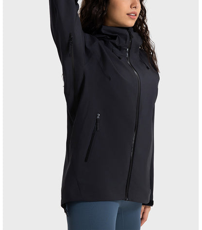 Big Brand Same YKK Zipper Windproof Waterproof Moisture Permeable Shell Jacket Multi Functional Mid Length Hooded Outdoor Mountaineering Clothing