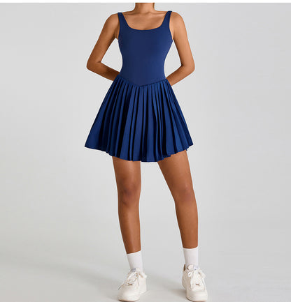 Sleeveless Sports Yoga Dress Fitness Faux Two Pieces Anti Wardrobe Malfunction Base Pockets Draped Dress Running Tennis Dress Women