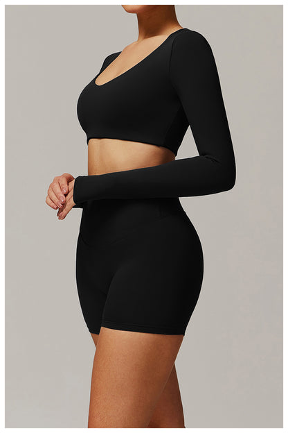 Sollinarry Tight Quick Drying Yoga Long Sleeved Women V neck Short Slimming Top Running Sports Fitness T shirt