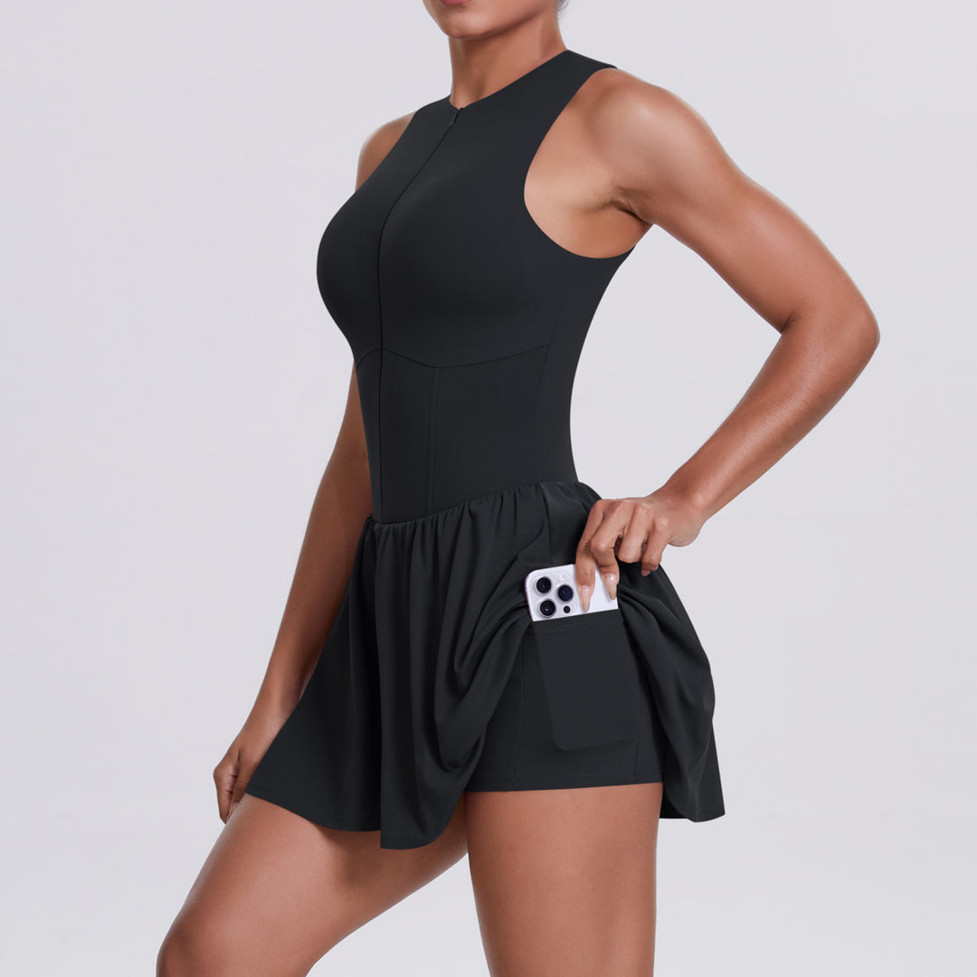 Cloud Sense Faux Two Pieces Zipped Stand Collar Dress Outdoor Running Anti Exposure Pocket Leggings Tennis Dress Women