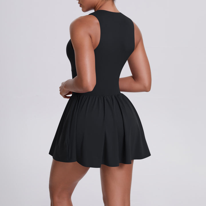 Cloud Sense Faux Two Pieces Zipped Stand Collar Dress Outdoor Running Anti Exposure Pocket Leggings Tennis Dress Women