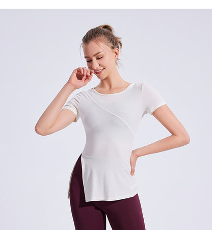 Slim Fit Hood Side Slit Sports Top Women Skinny Yoga Clothes Fitness Short Sleeve Casual Running T shirt